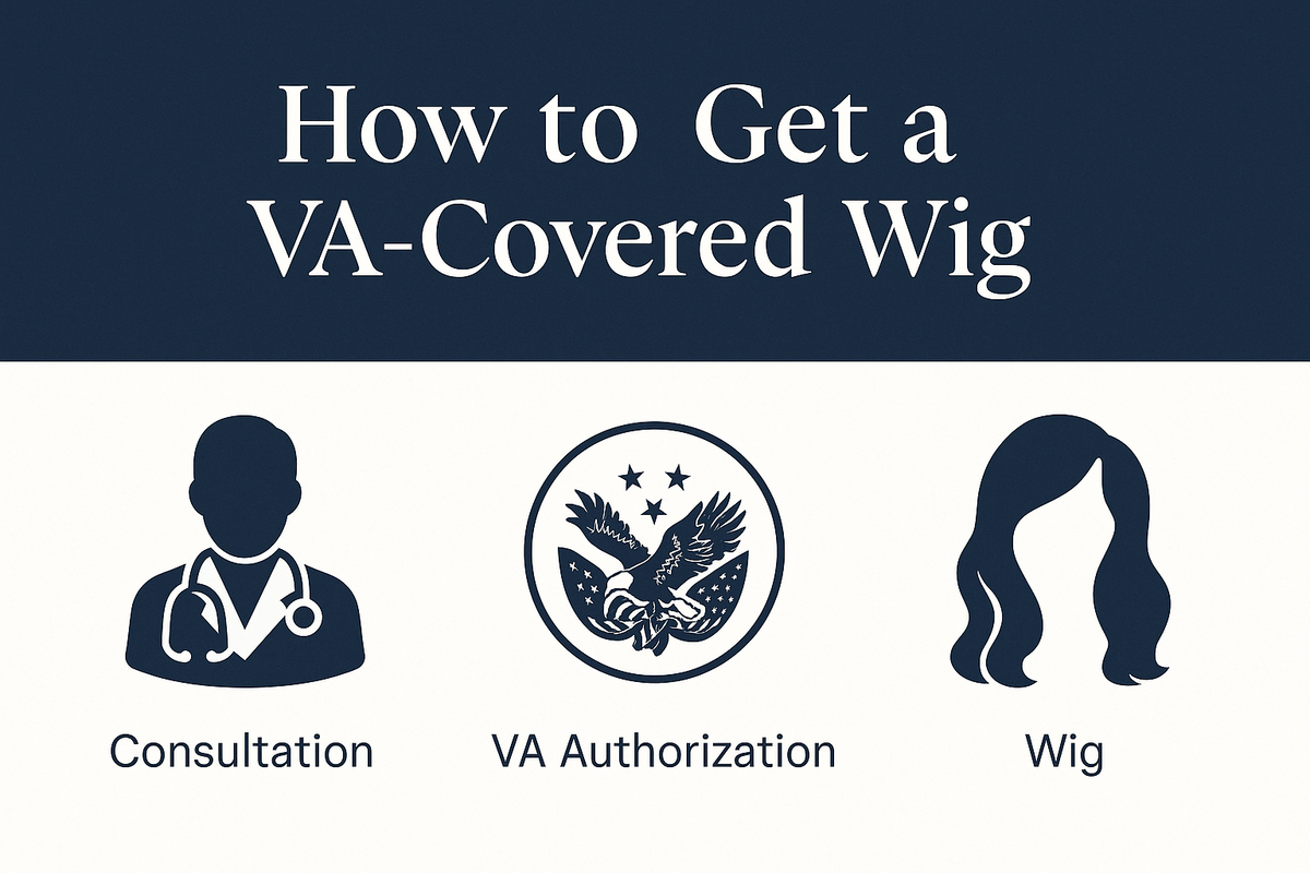 Diagram showing steps to get a VA-covered wig with icons for consultation, VA authorization, and wig.