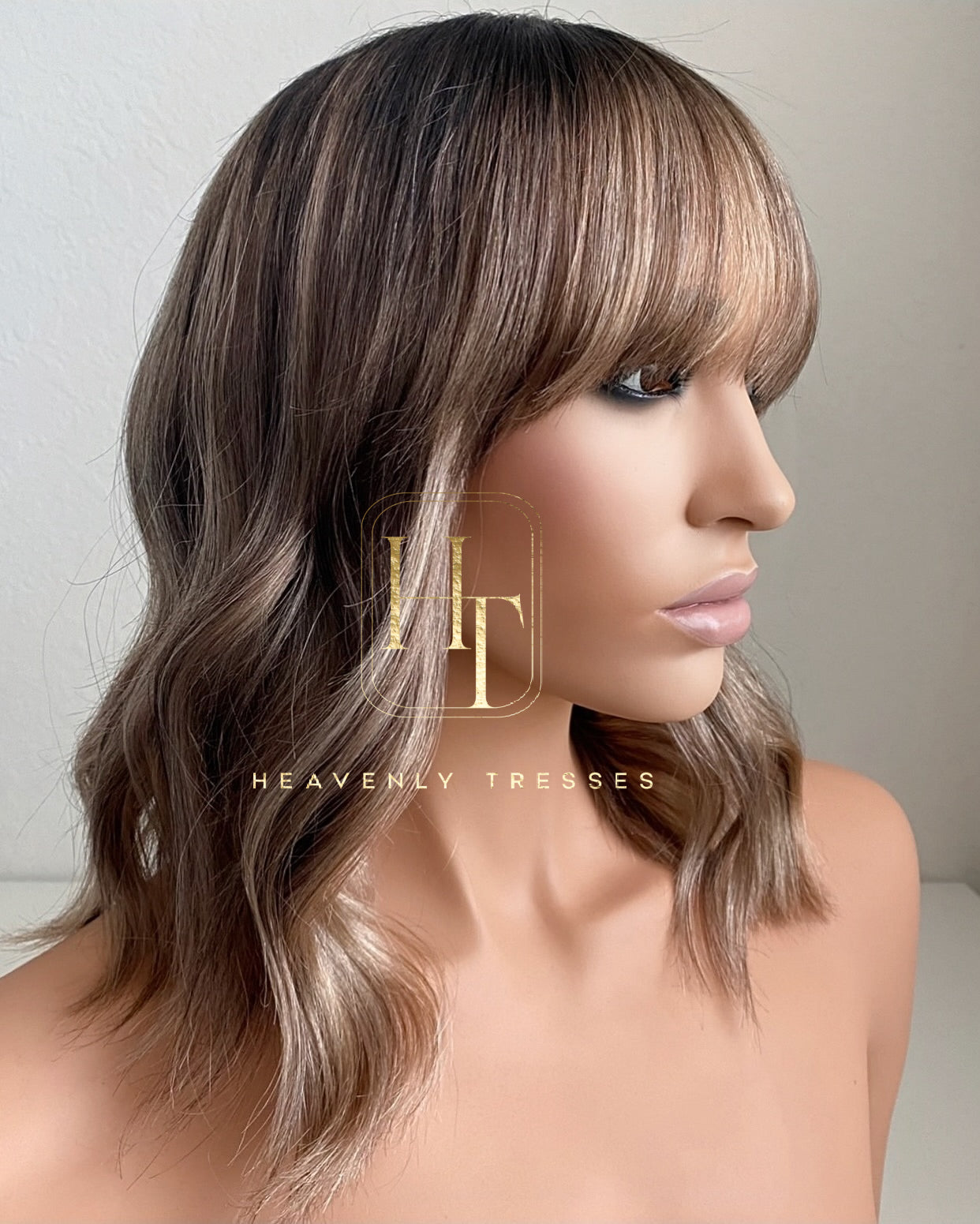 Smoky Ash Brown with Ash Blonde Balayage Colored human Hair wig Desiree with bangs